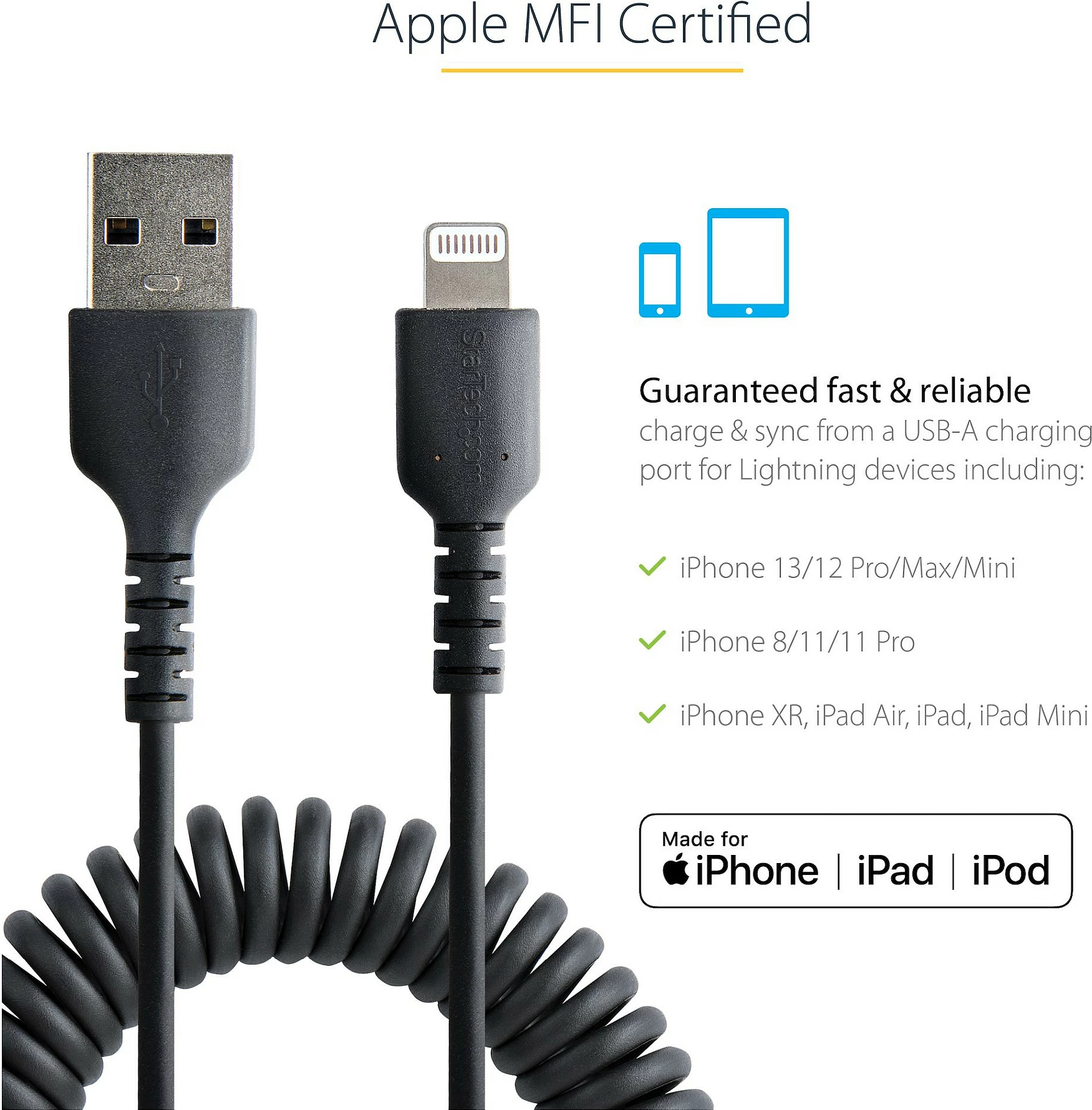 Kabllo StarTech RUSB2ALT1MBC USB-A në Lightning, 1 m, spirale, MFi, e zezë