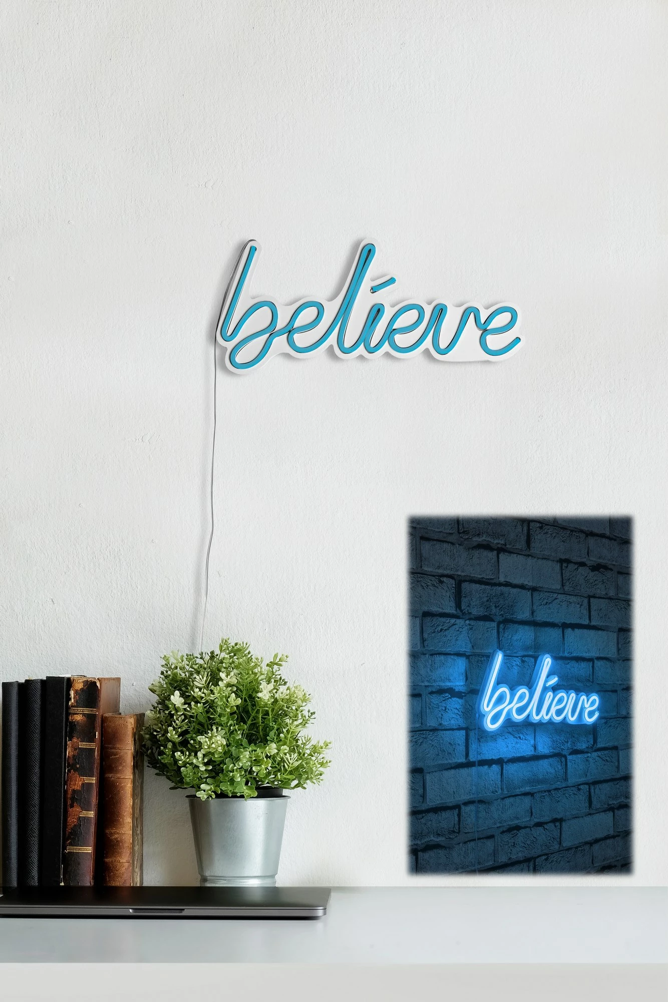 Dekor dritash LED plastike, ngjyrë kaltër, 'believe', 33x16x2cm
