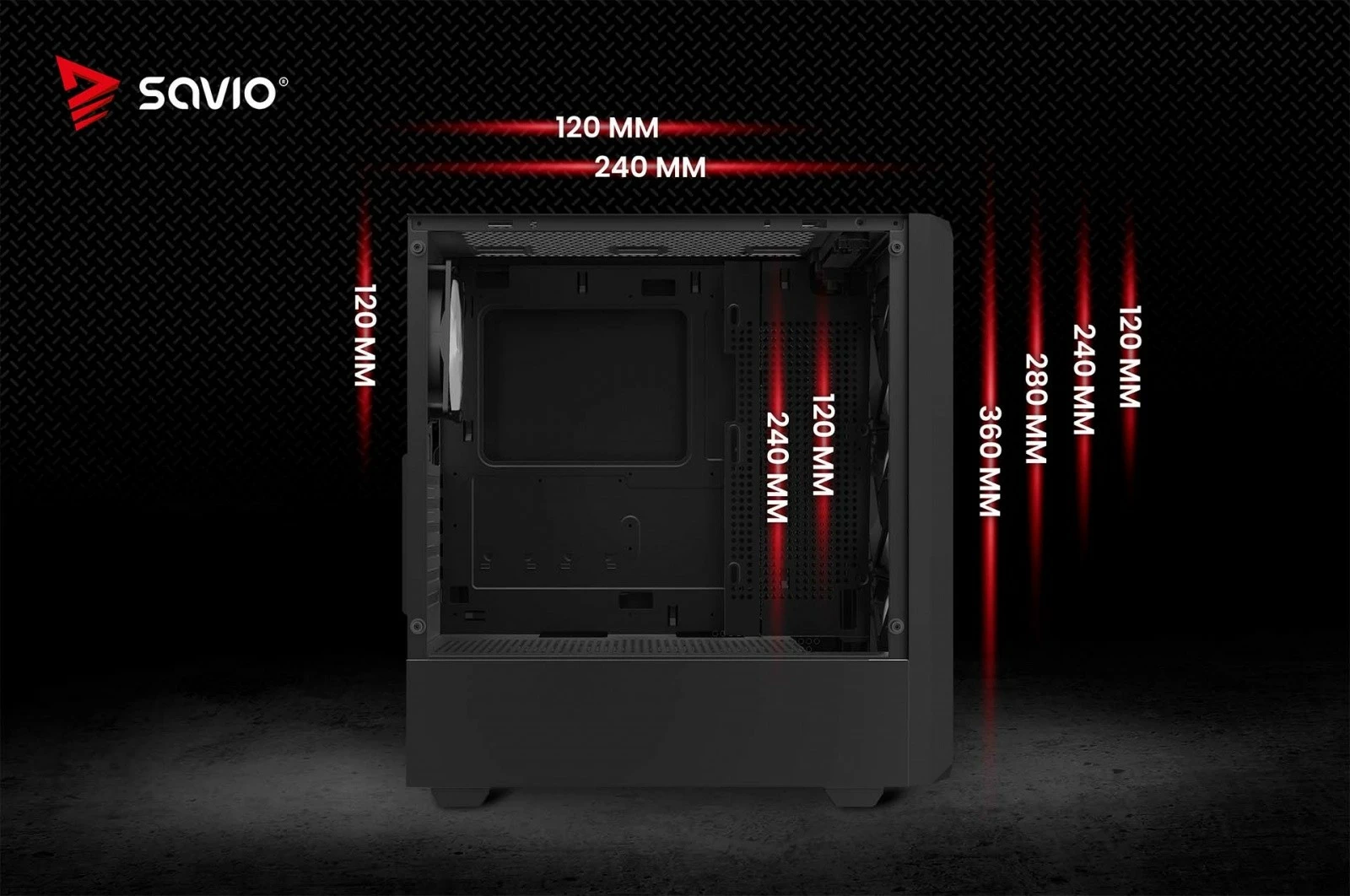 Kasë PC Savio NOCTIS GLASS RGB X1 midi tower ATX/mATX/Mini‑ITX me 4 ftohës RGB PWM, panel xhami të temperuar, filtra pluhuri, e zezë