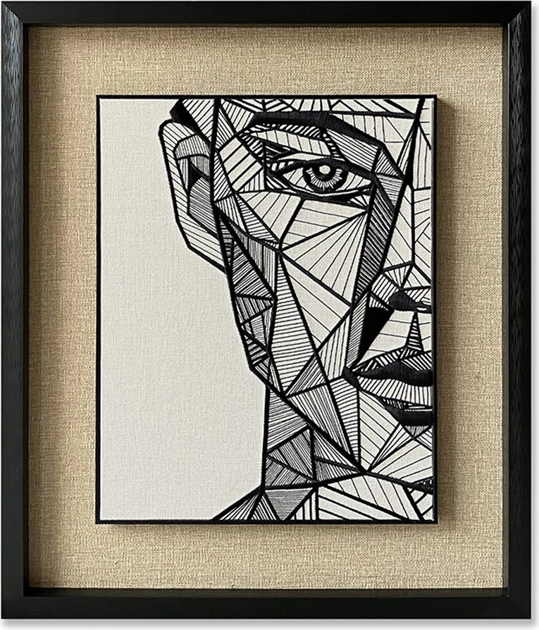 Pikturë dekorative optike, gjeometrike, letër, xham, e bardhë, e zezë, bezhë, 60x70x4cm