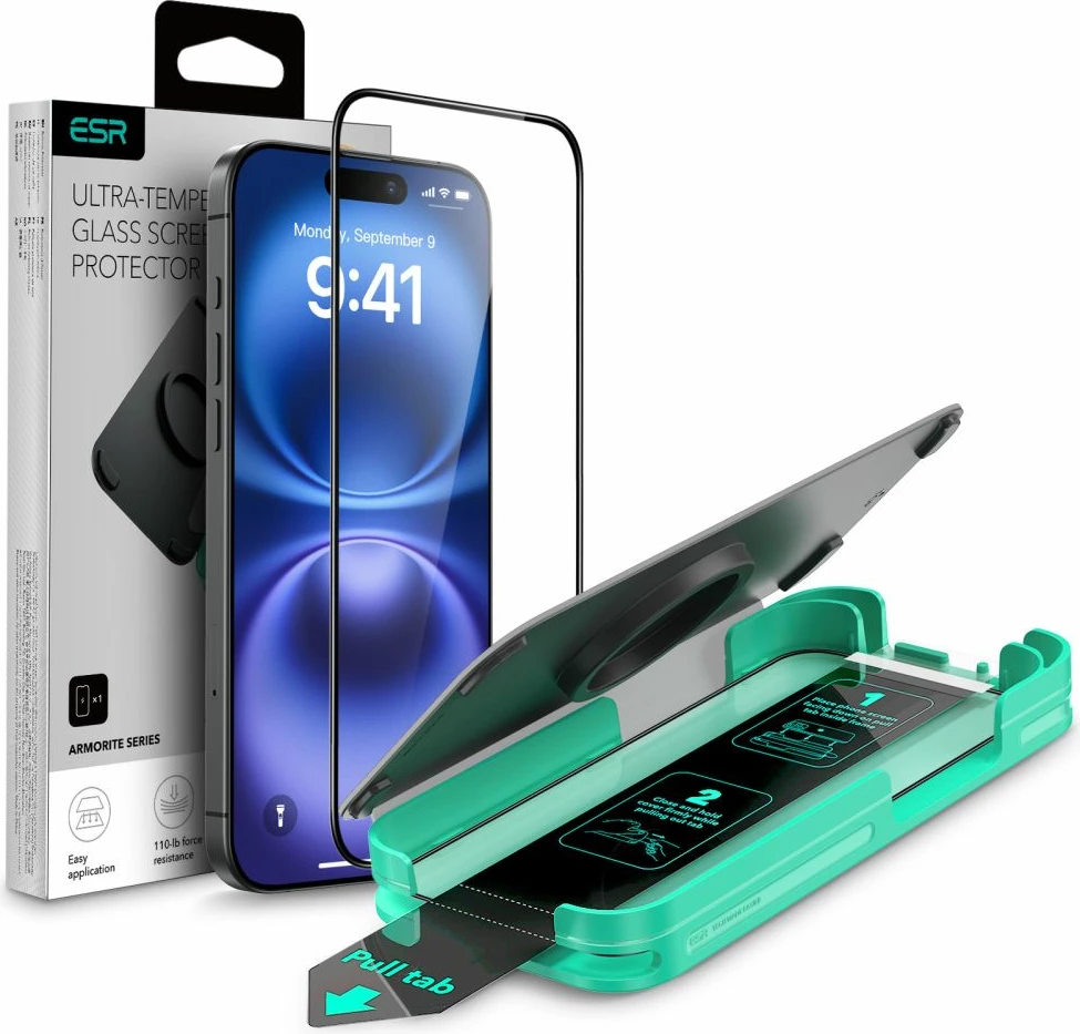 Mbrojtës ekrani xhami ESR Armorite për iPhone 16 me kornizë të zezë dhe aplikator