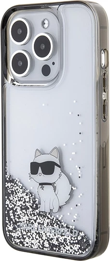 Mbështjellës Karl Lagerfeld Liquid Glitter Choupette për iPhone 15 Pro Max, Transparent/Silver