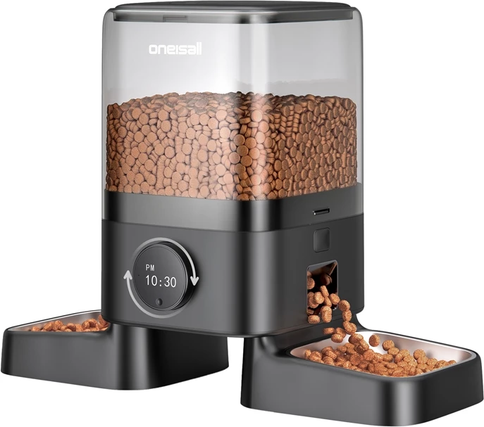 Shpërndarës ushqimi për kafshë Oneisall PF09, 5L, i zi, me dy tasa