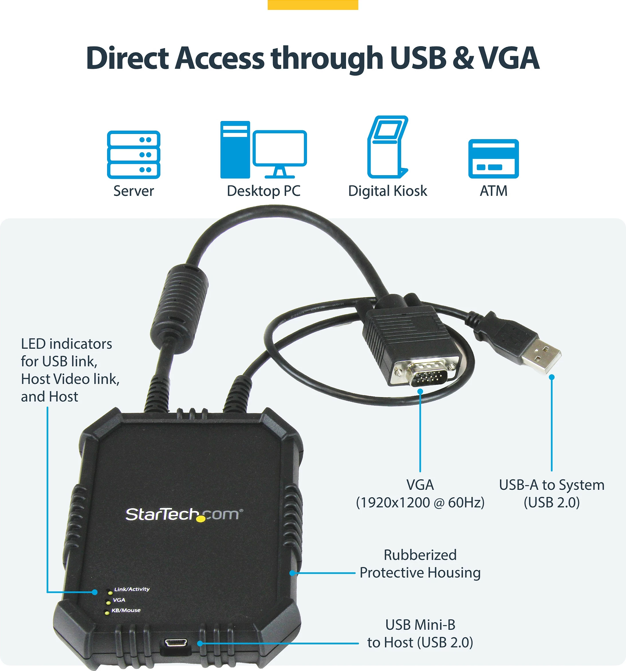 Adapter KVM StarTech NOTECONS02X, USB në VGA, 1920x1200 Full HD, me kabllo të integruara, i zi