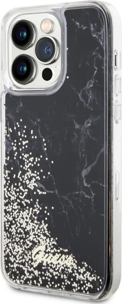 Mbështjellës Guess Liquid Glitter Marble për iPhone 14 Pro Max 6.7", i zi