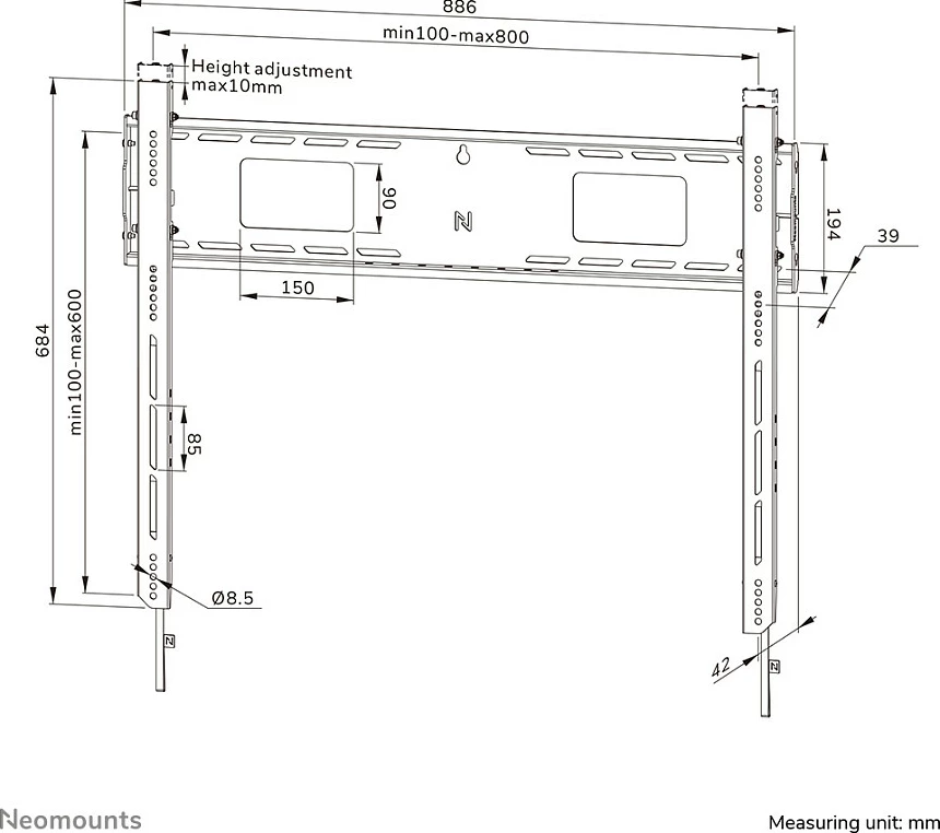 Mbajtës muri për TV Neomounts LEVEL-750, 43-98", VESA 800x600, 125kg, i zi