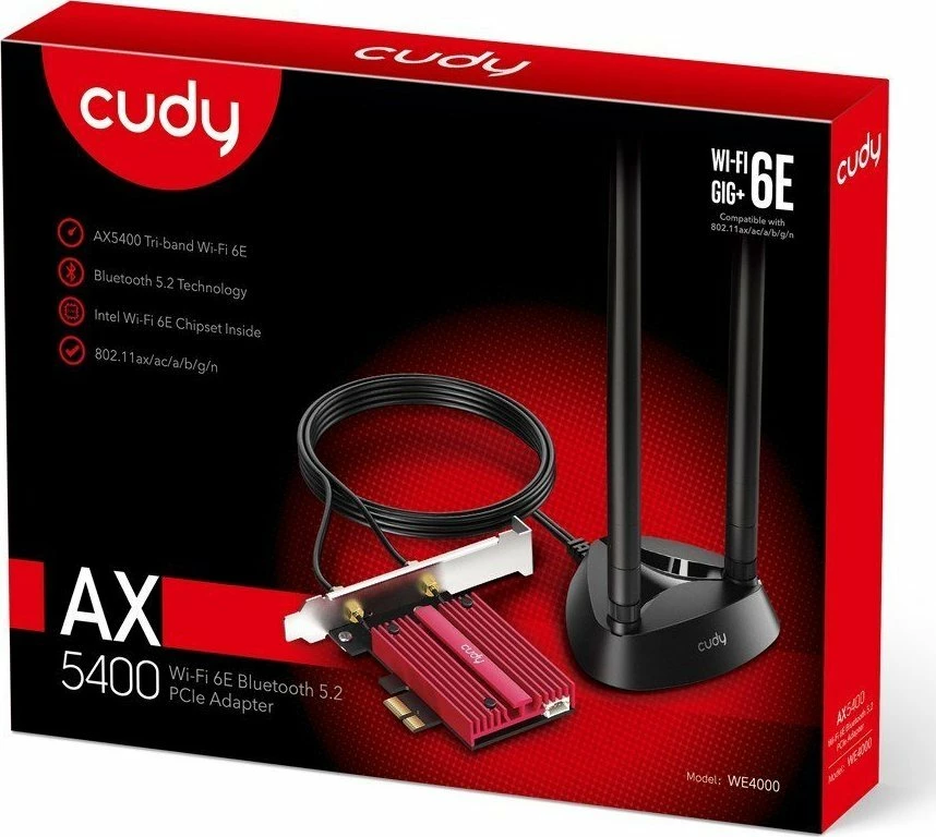 Kartelë rrjeti Wi‑Fi PCIe Cudy WE4000 Wi‑Fi 6E AX210 5400 Mb/s Bluetooth 5.2, kuq/zi, set me 2 antena