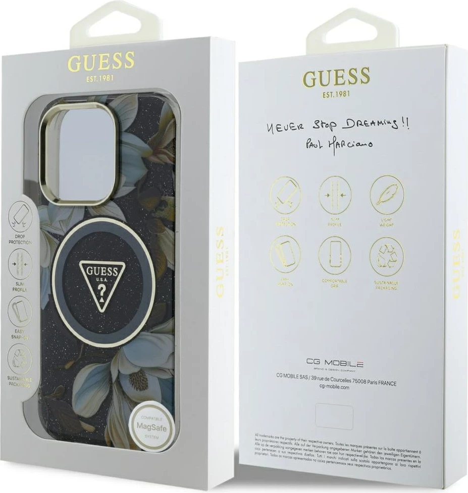 Mbështjellës Guess Glitter Flowers Triangle Buttons MagSafe për iPhone 16 Pro, i zi