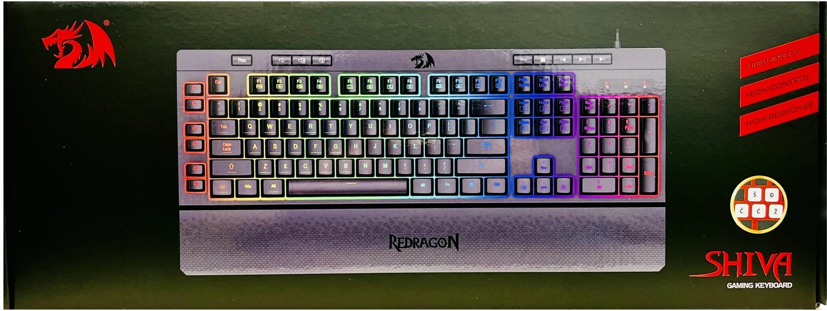 Tastierë gaming Redragon Shiva K512, me kabllo USB, RGB, full-size, membrane, 6 tasta makro, me mbështetëse dore, layout SLO/CRO, e zezë