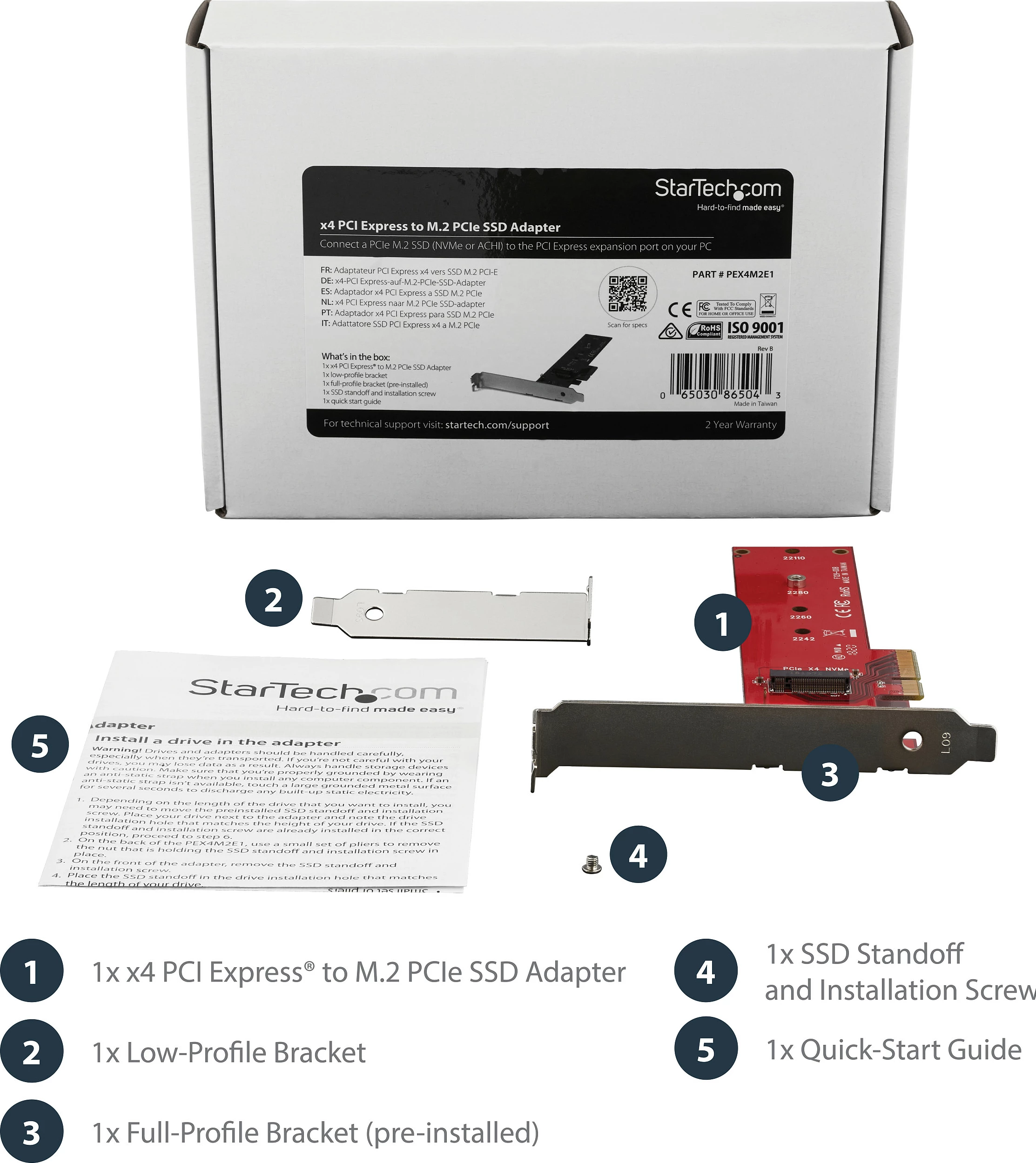 Adapter PCIe në M.2 NVMe SSD StarTech PEX4M2E1, PCIe 3.0 x4, full-height/low-profile, i kuq