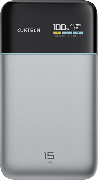Powerbank Cuktech PB150S 15000mAh 100W, 3 porta (2x USB-C, 1x USB-A), me ekran TFT, me kabllo USB-C, gri