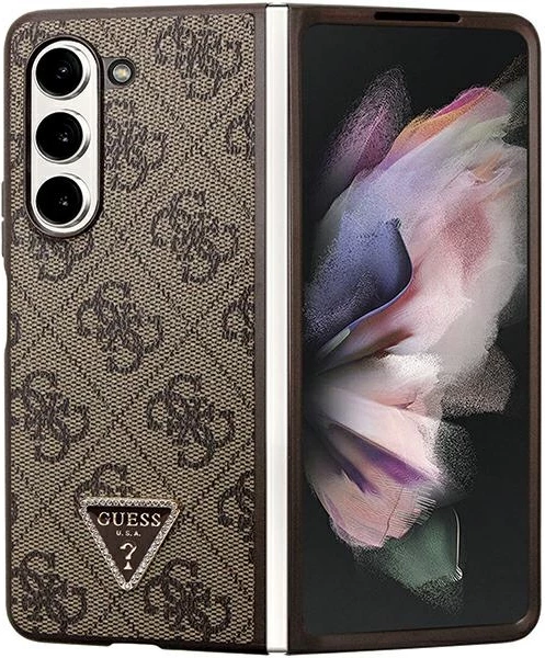 Mbështjellës Guess Leather 4G Triangle Strass për Samsung Galaxy Z Fold 5, Kafe