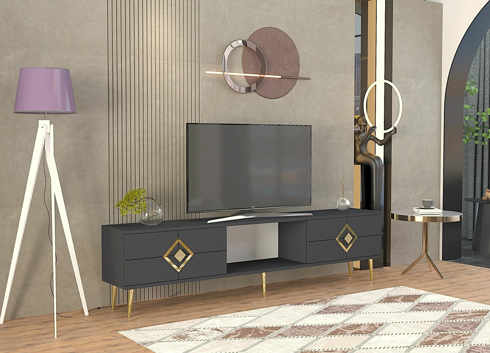 Komodë TV Skye Decor, ngjyrë antracit, detaje ari