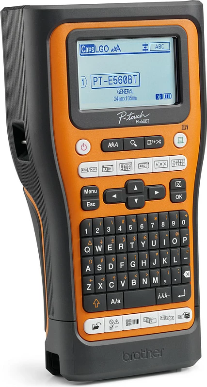 Printer etiketash Brother P-touch PT-E560BT, Bluetooth 5.0, USB, ekran me dritë, prerës automatik, portokalli/zi