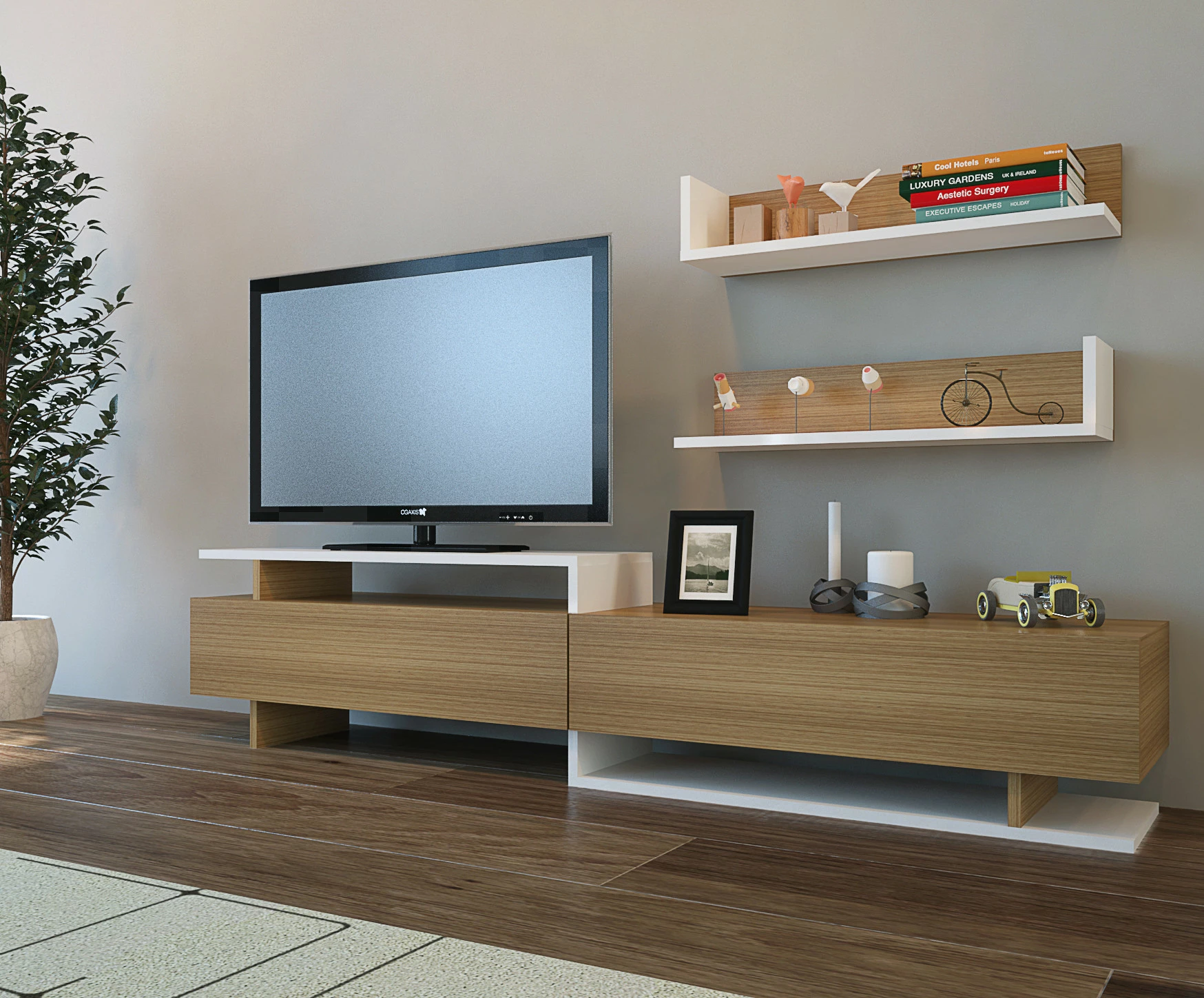 Komodë TV Hanah Home, Ayaz, ngjyrë teak dhe e bardhë