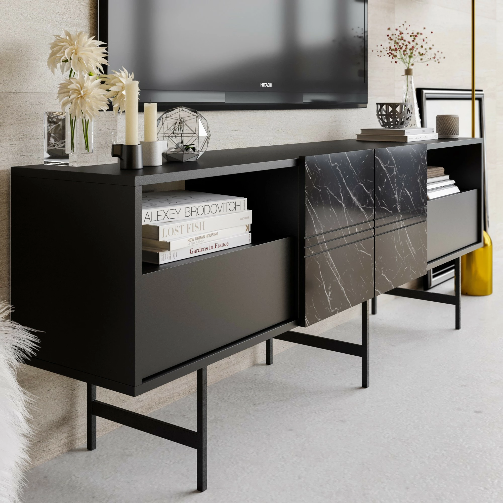 Komodë TV Hanah Home, Derin, e zezë, mermer