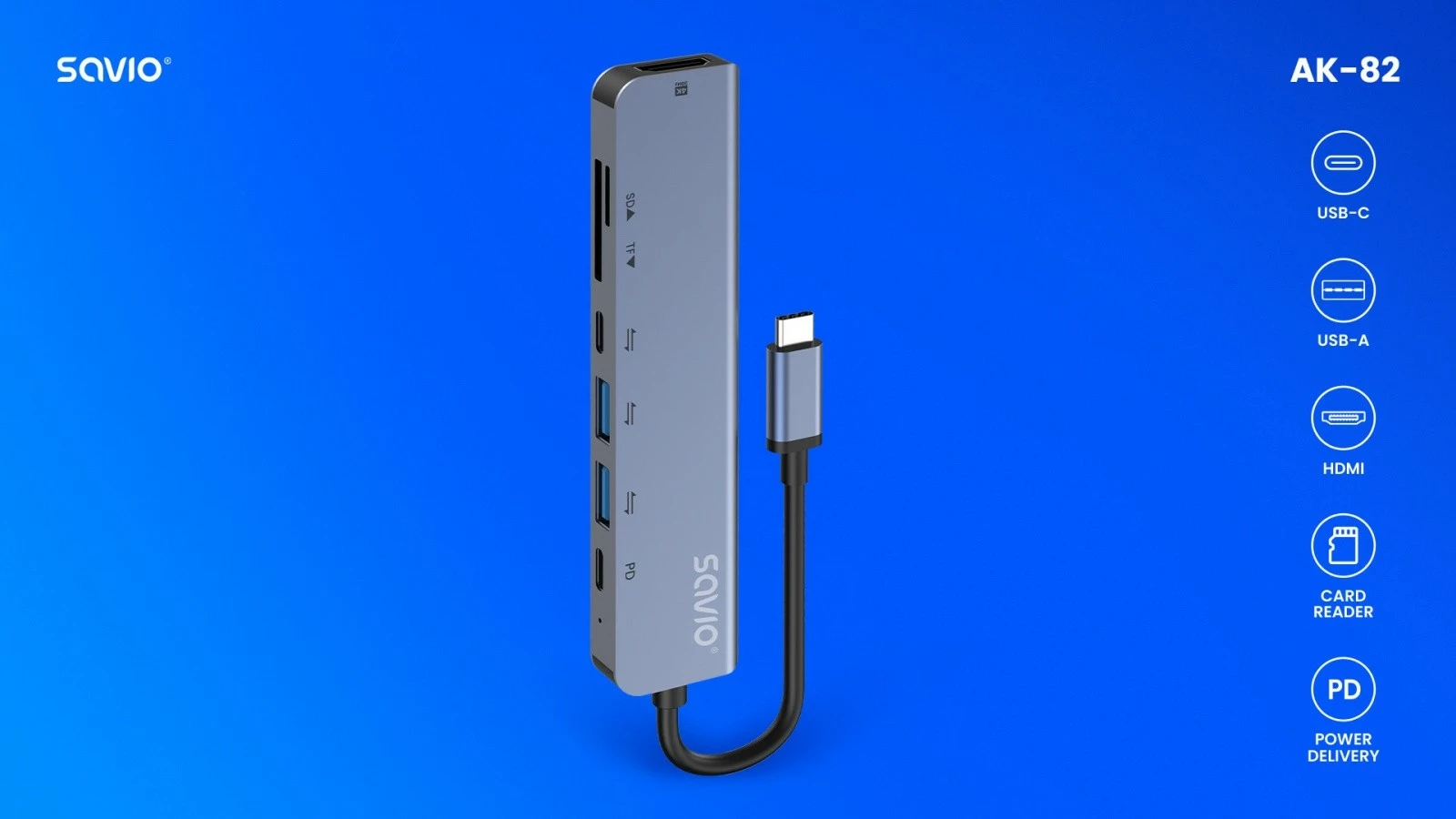 HUB USB-C 7-në-1 Savio AK-82, argjendtë