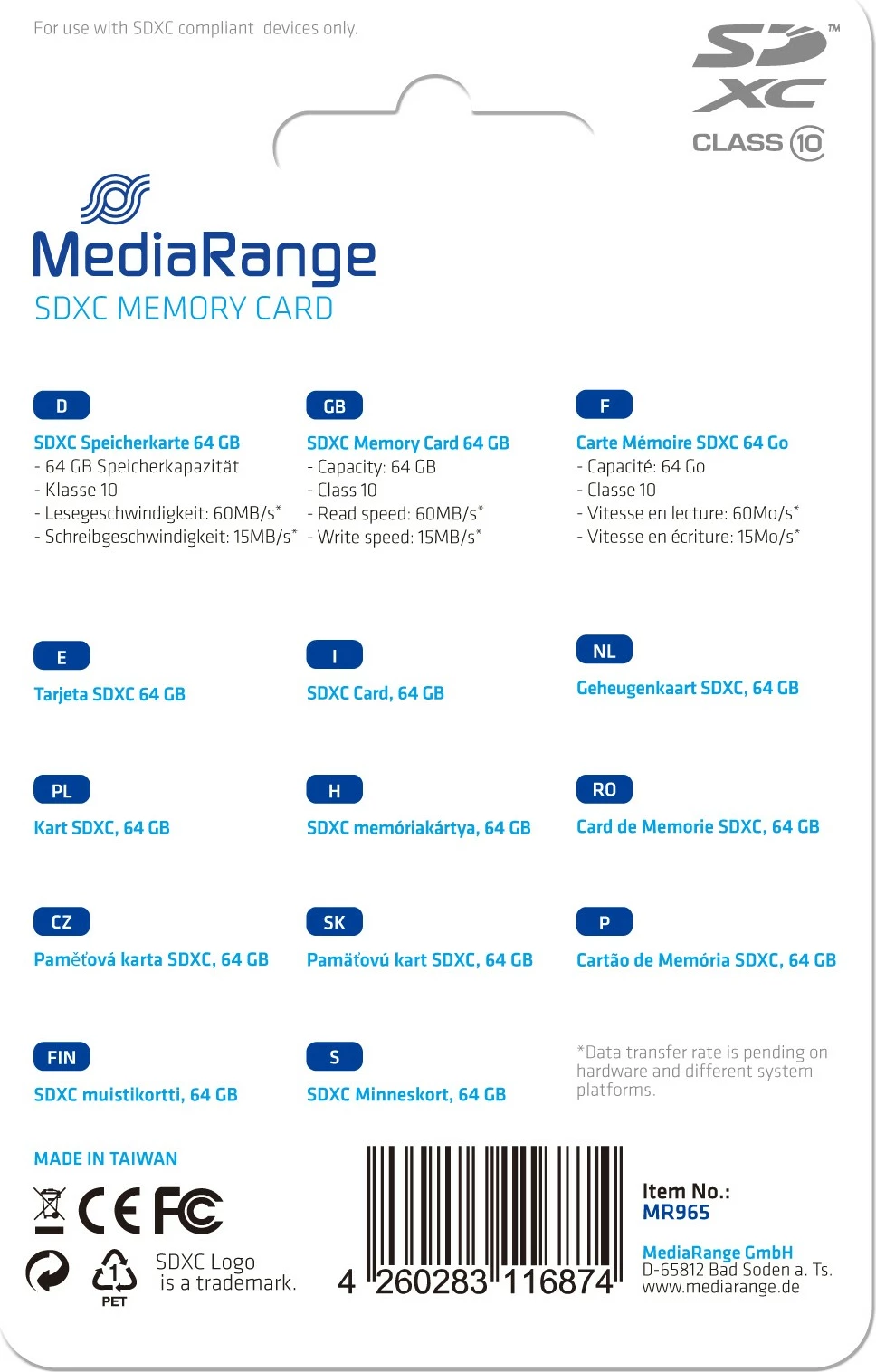 Kartelë SDXC MediaRange MR965, 64GB, Class 10, kaltër