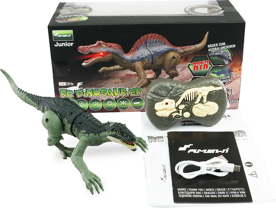 Dinozaur me telekomandë AMEWI 40013 Tyrannosaurus, 2.4 GHz, me drita dhe zë, bateri LiPo 100 mAh, jeshil