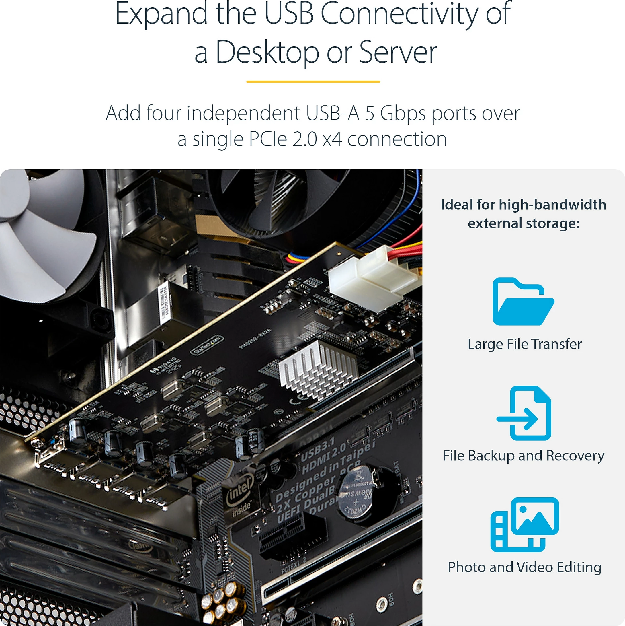 Kartë zgjerimi USB PCIe StarTech 4-Port, USB 3.2 Gen 1 5Gbps, 4x USB-A, PCIe 2.0 x4, e zezë