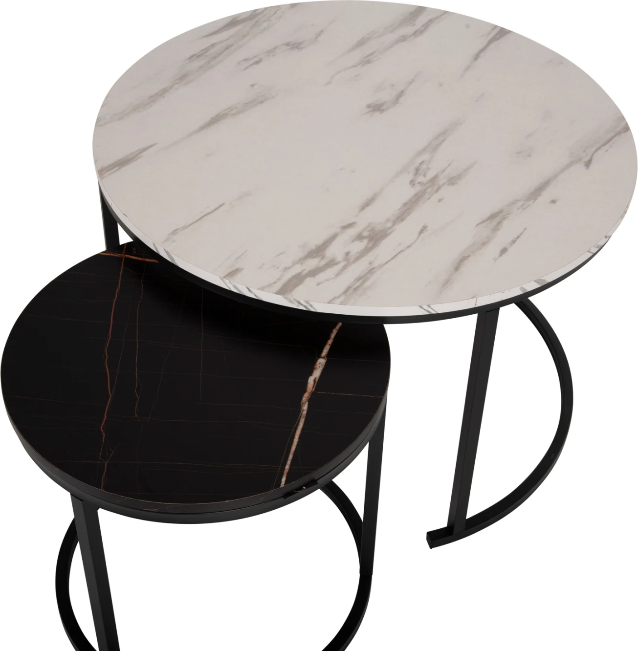 Tavolina kafeje FH8763.14 set 2 copë MDF pamje mermeri ngjyrë e përzier me këmbë të zeza Φ80-Φ48cm