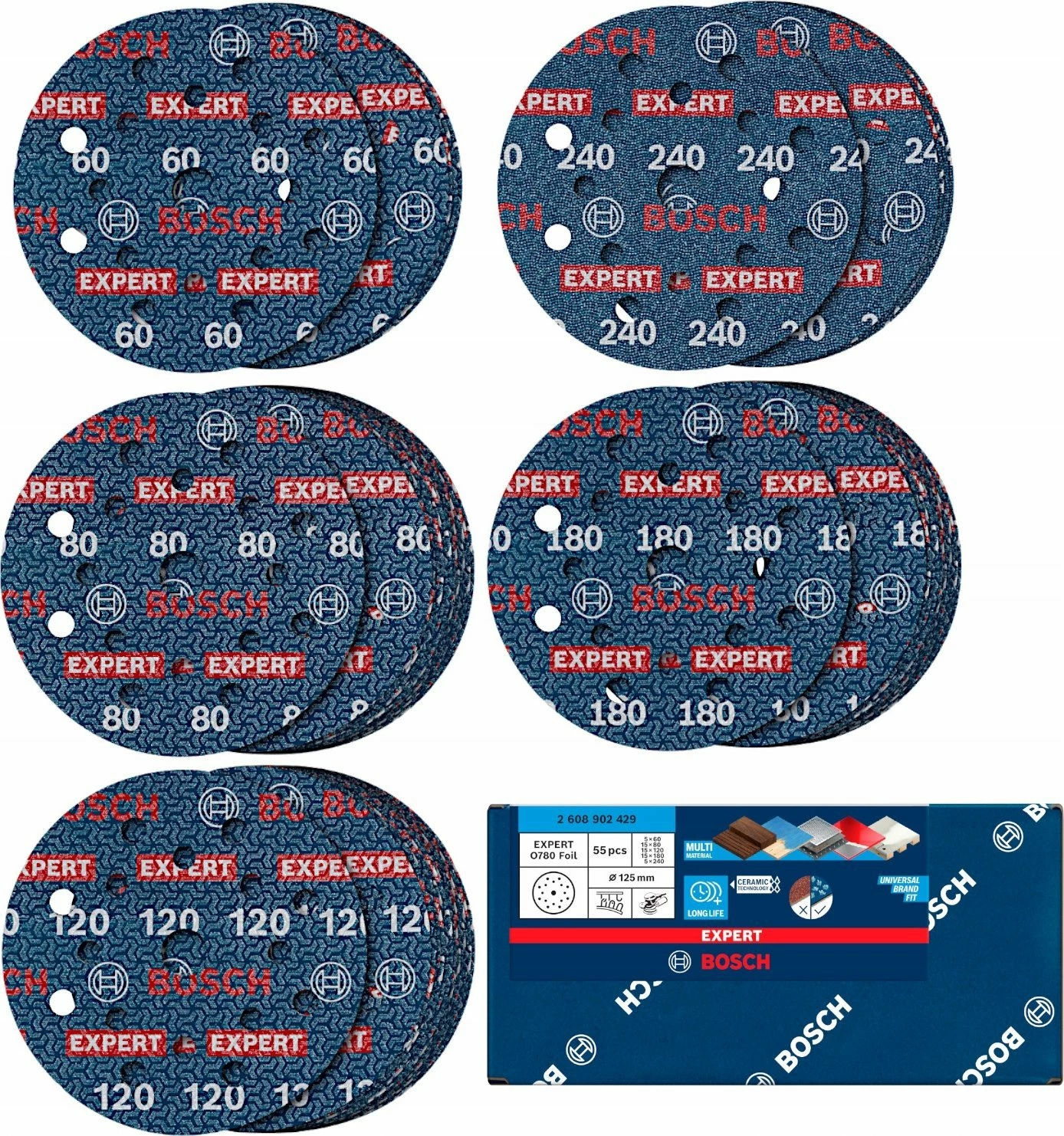 Disk zmerile Bosch Expert O780 125mm, me velkro, set 55 copë (G60/G80/G120/G180/G240)