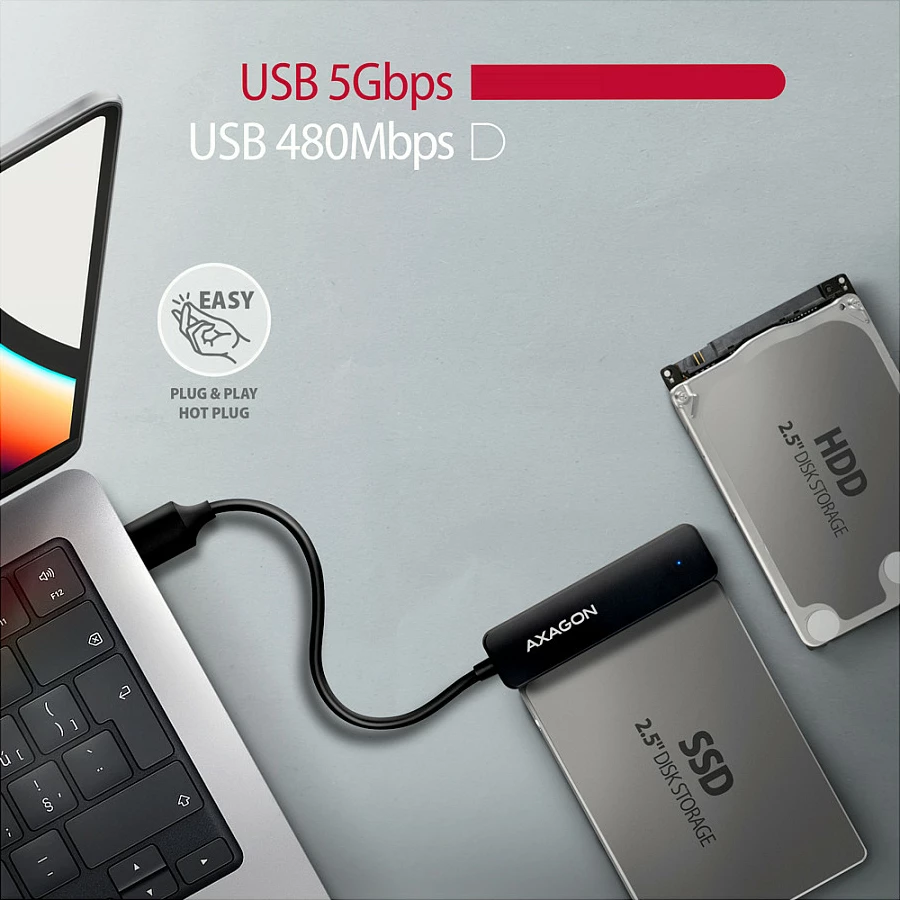 Adapter USB në SATA Axagon ADSA-FP2A, USB 3.2 Gen1, SATA 6G, për HDD/SSD 2.5", i zi