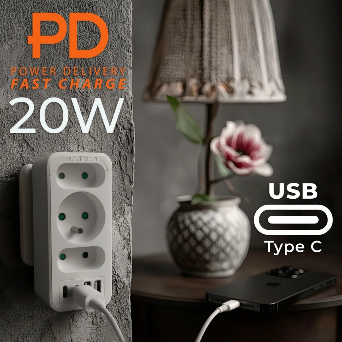 Ndarës prizash Maclean MCE248 F/W, 3 dalje (2 të sheshta + 1 me tokëzim), 2xUSB-A 18W, 2xUSB-C PD 20W, e bardhë
