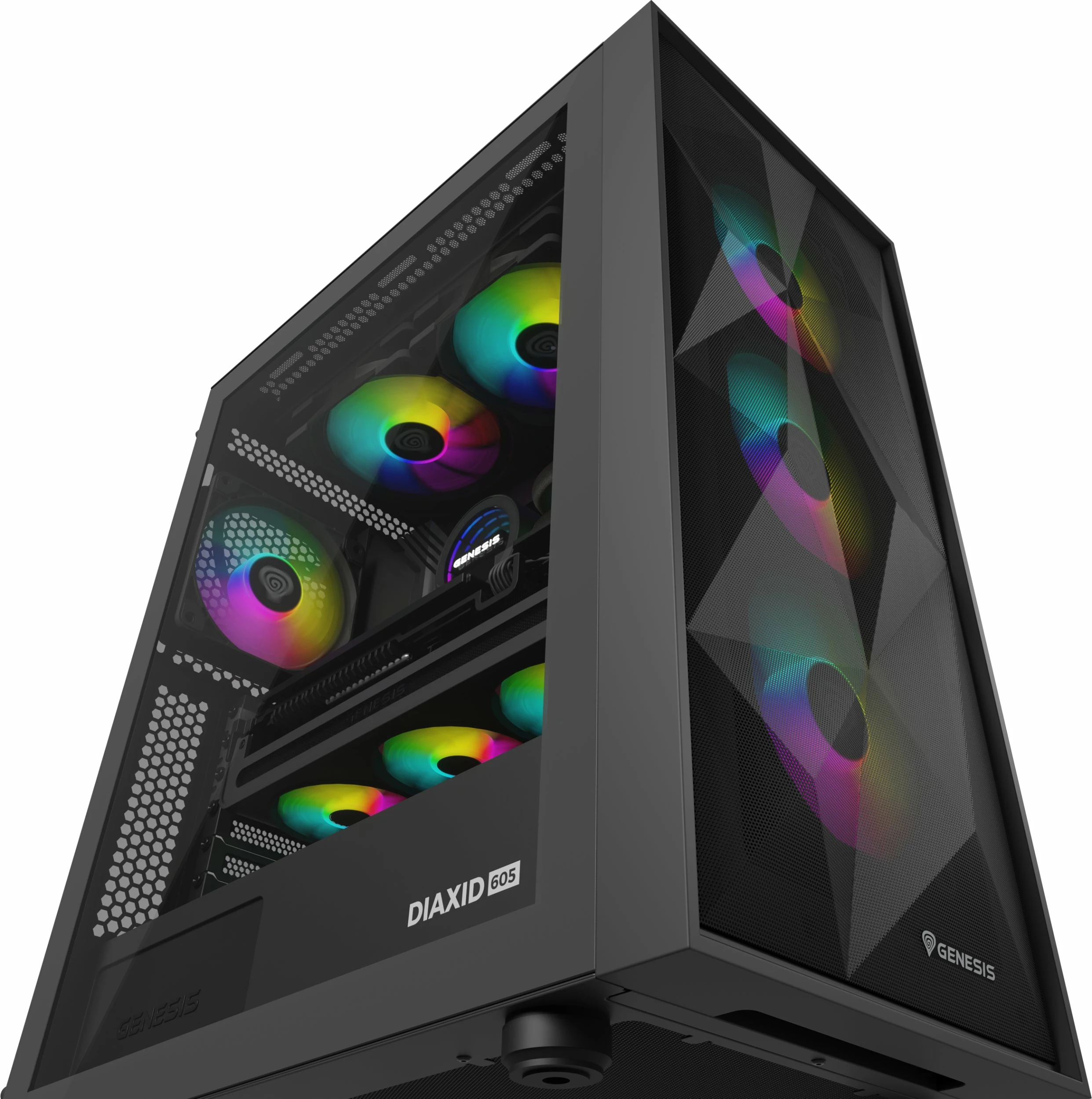 Kasë GENESIS Diaxid 605 ARGB NPC-2172 Midi Tower, ATX/mATX/Mini-ITX, USB-C, pa PSU, e zezë