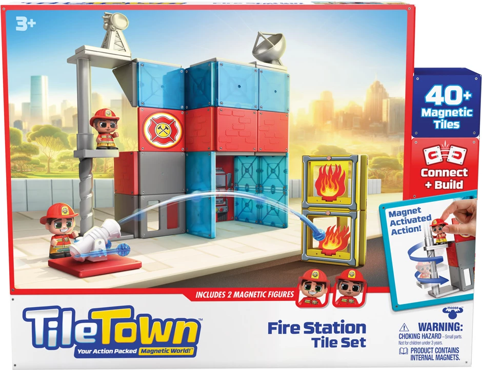 Tile Town Fire House Set Magnetik Ndërtimi 46 Pjesë me Figura Zjarrfikësish – Lodër STEM për Fëmijë
