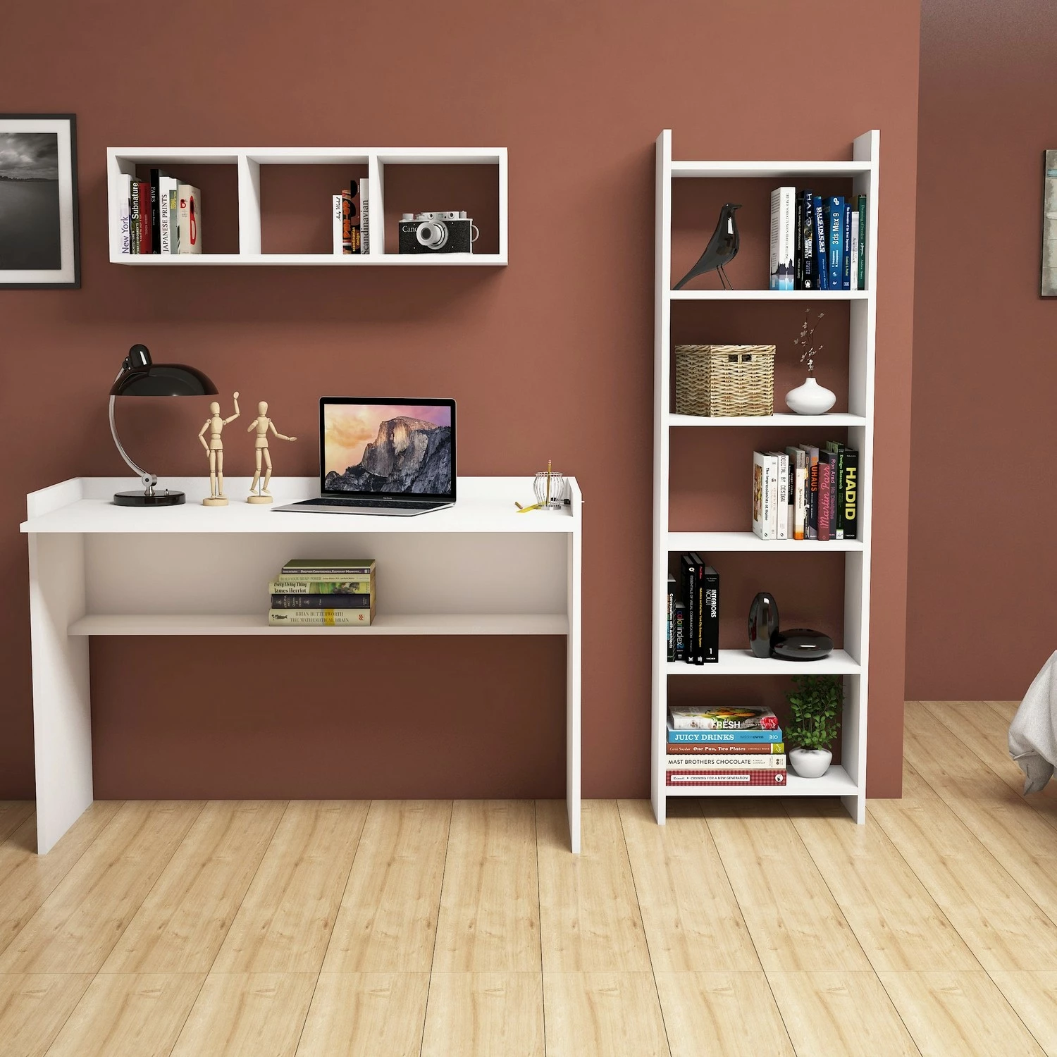 Set tavoline studimi me raft librash, Hanah Home, Hera, e bardhë