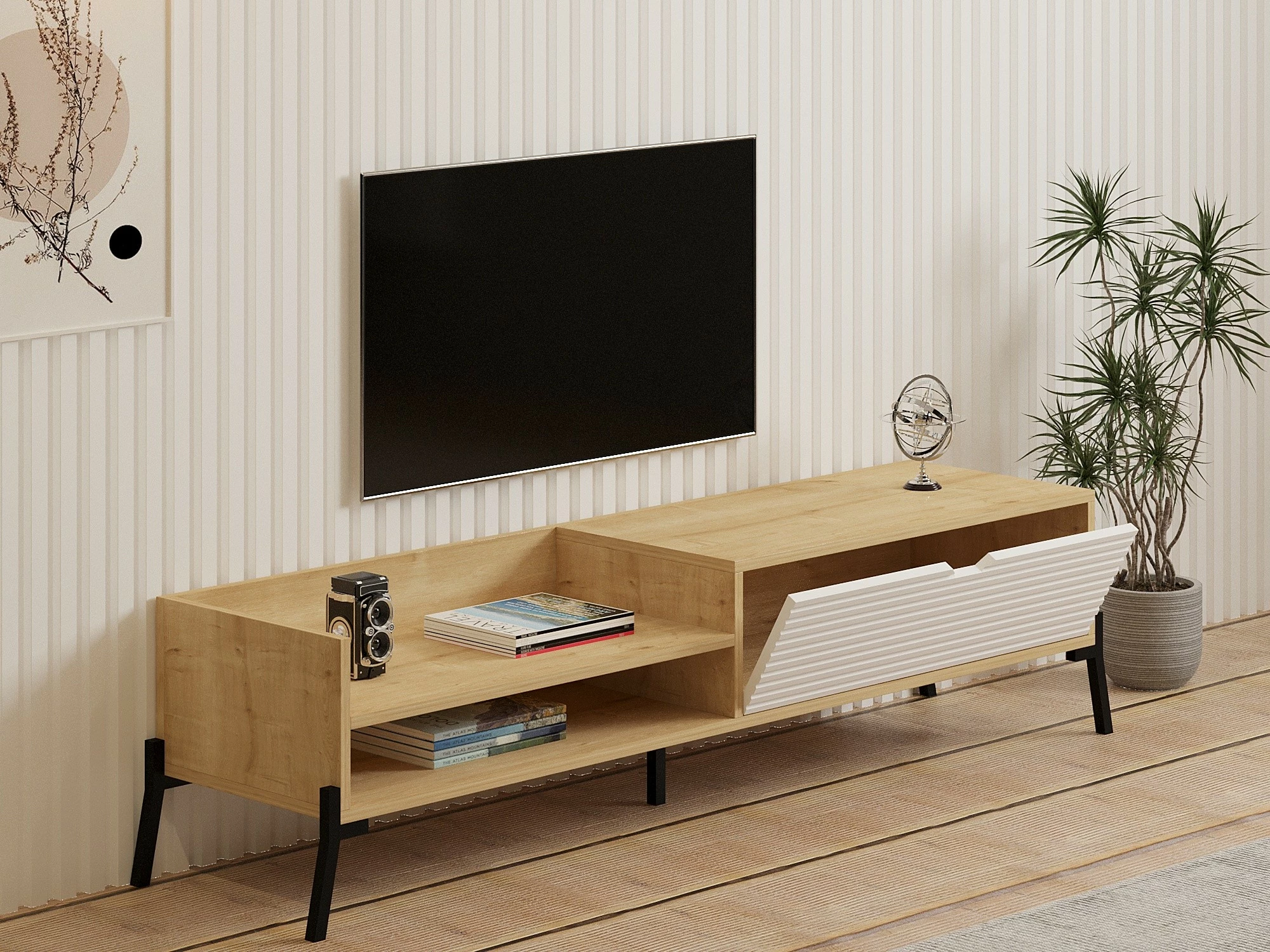 Komodë TV Skye Decor, ngjyrë lisi Sapphire, e bardhë