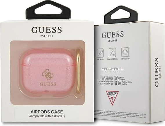 Mbështjellës Guess Glitter për AirPods 3, rozë