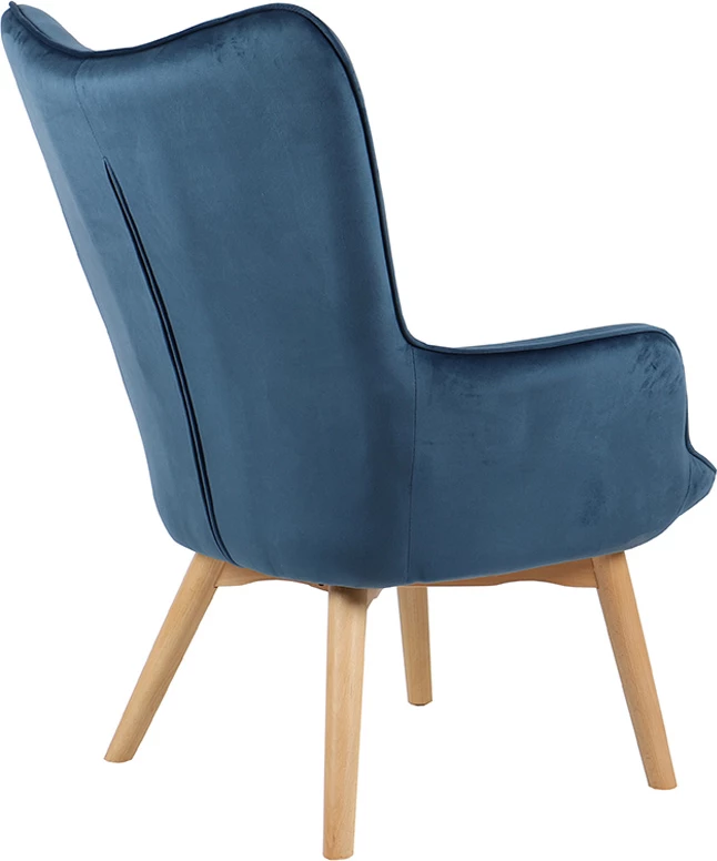 Karrige e madhe pop up, dizajn skandinav, kadife blu, këmbë druri, 72x82x94cm