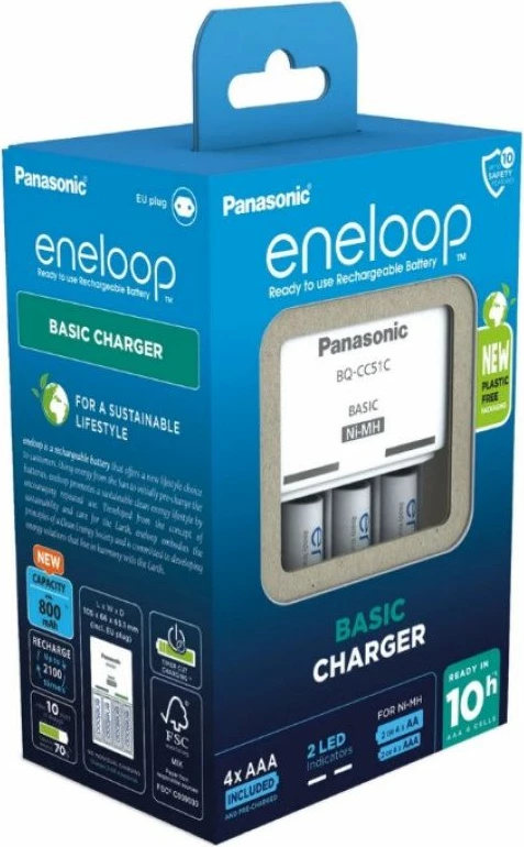 Karikues bazik Panasonic me 4 bateri AAA Eneloop 800 mAh, i bardhë
