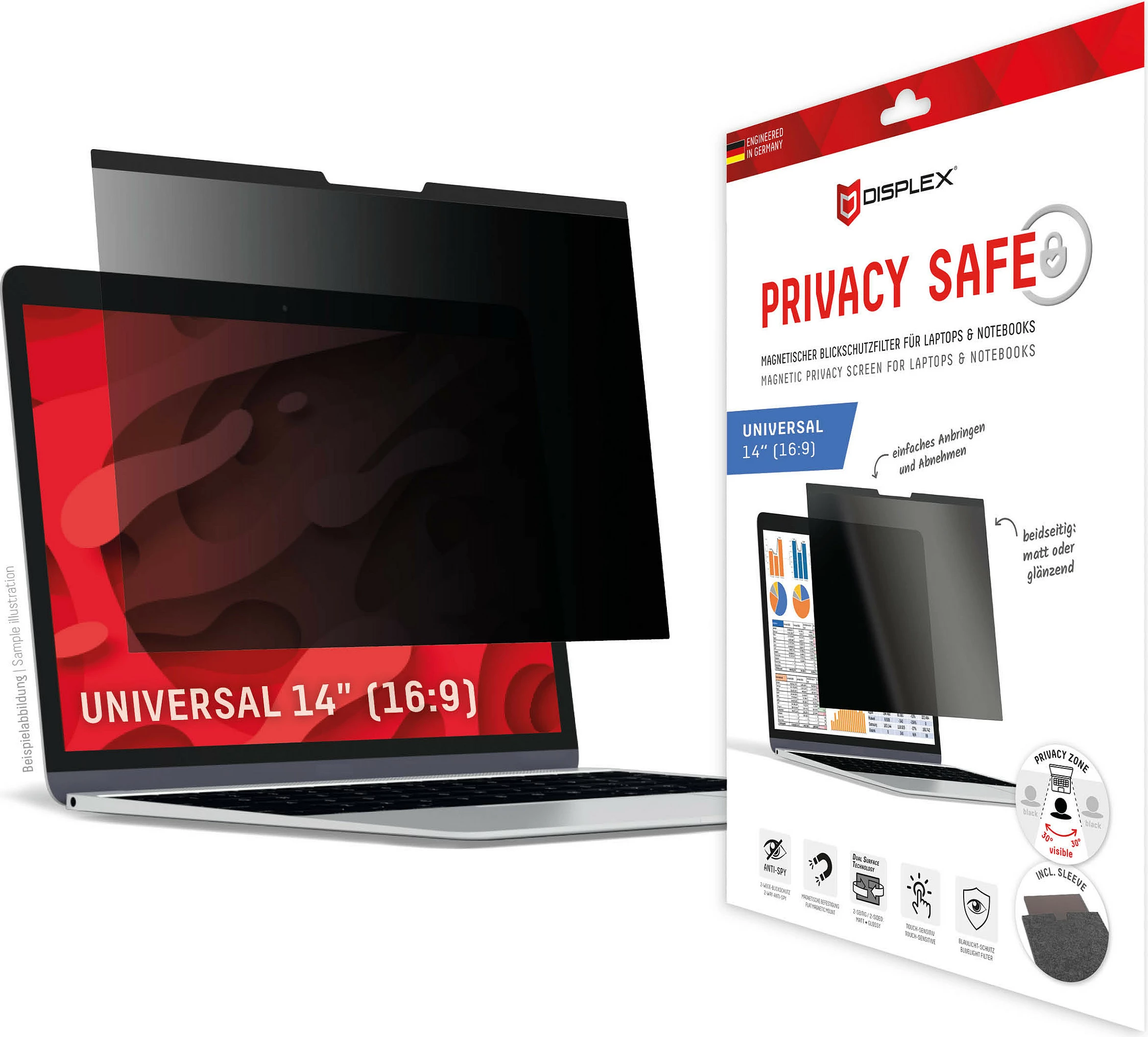 Filtër privatësie magnetik Displex Privacy Safe 14" (16:9), 2-anësh matt/glossy, filtër drite blu, i zi