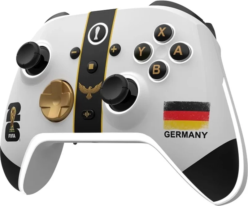 Kontroller pa kabllo DRAGONSHOCK Aurora+ Germany, Bluetooth, Hall Effect, RGB, bateri 800 mAh, për Switch/Switch OLED/Switch 2, PC & mobil, me kabllo USB-C 2 m, bardhë/zezë me detaje ari