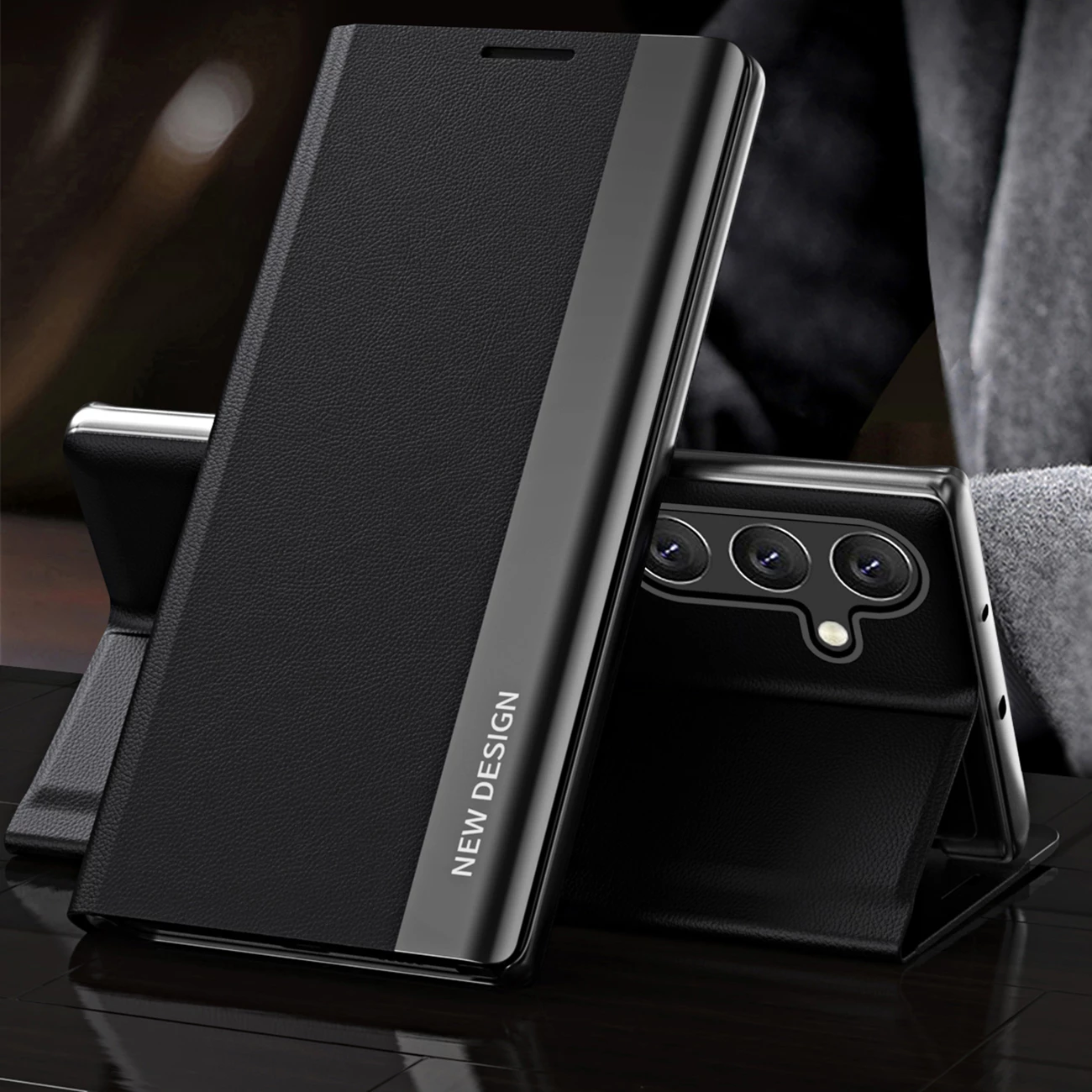 Mbështjellës Hurtel Sleep Case Pro për Samsung Galaxy A16 / A16 5G, me kapak dhe mbajtëse, i zi