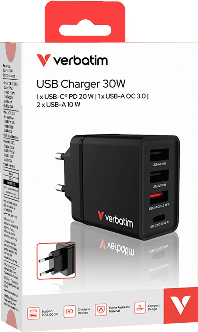 Karikues muri Verbatim 49700, 30W, USB-C PD 20W + 3x USB-A, prizë EU, i zi