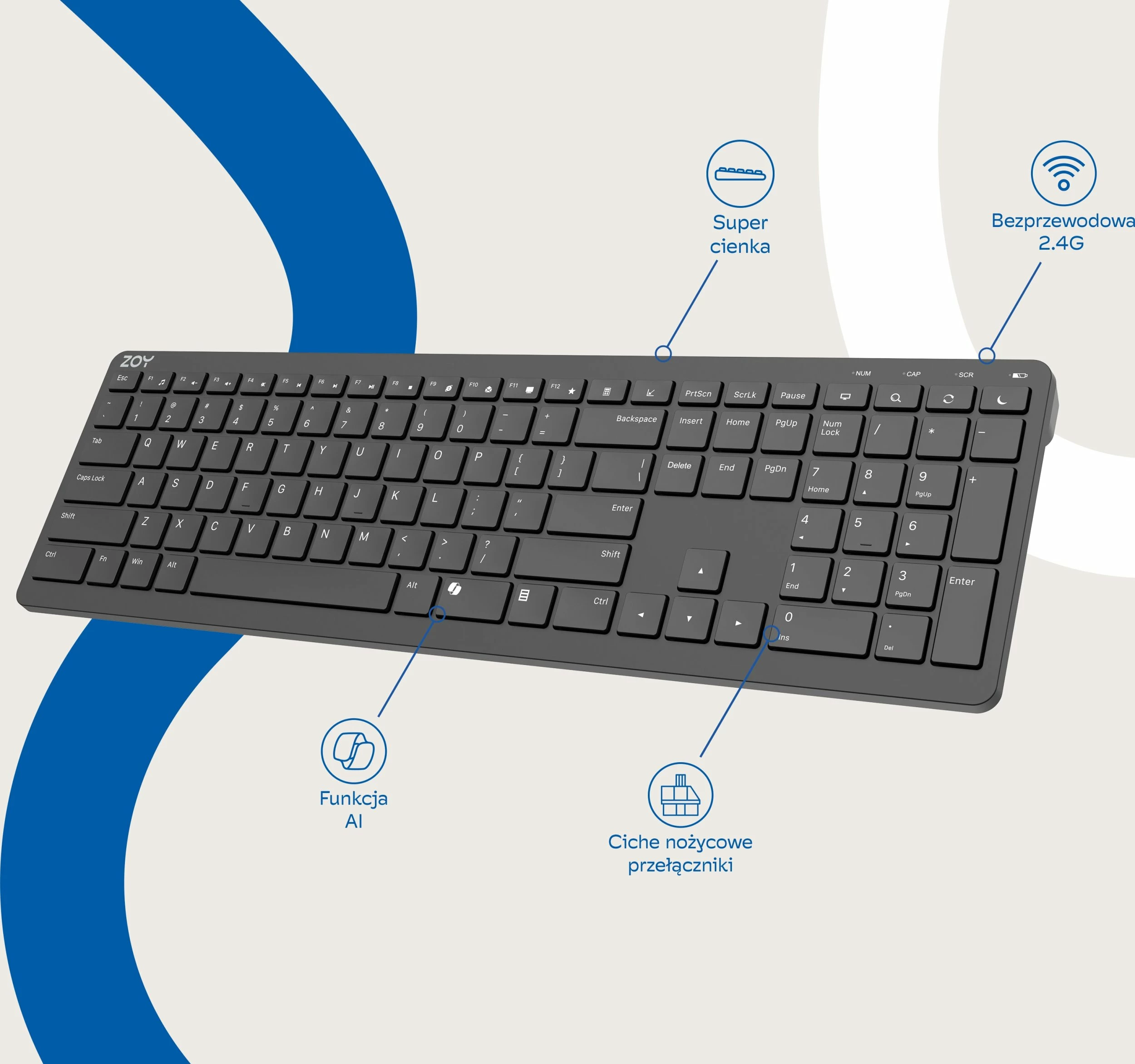 Tastierë wireless ZOY ZKB880 2.4GHz, US layout, 111 tasta, Scissor, e zezë
