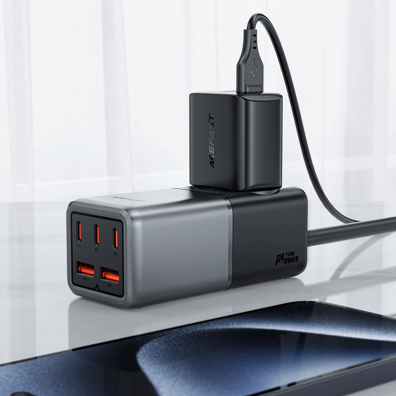 Karikues desktop Acefast Z2 GaN, 75W, 3x USB-C, 2x USB-A, zezë/gri