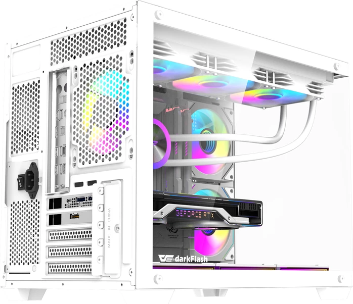 Kasë DarkFlash B275 PRO Mini Tower, M-ATX/ITX, xham i temperuar 270°, me 6 ventilatorë 120 mm, e bardhë