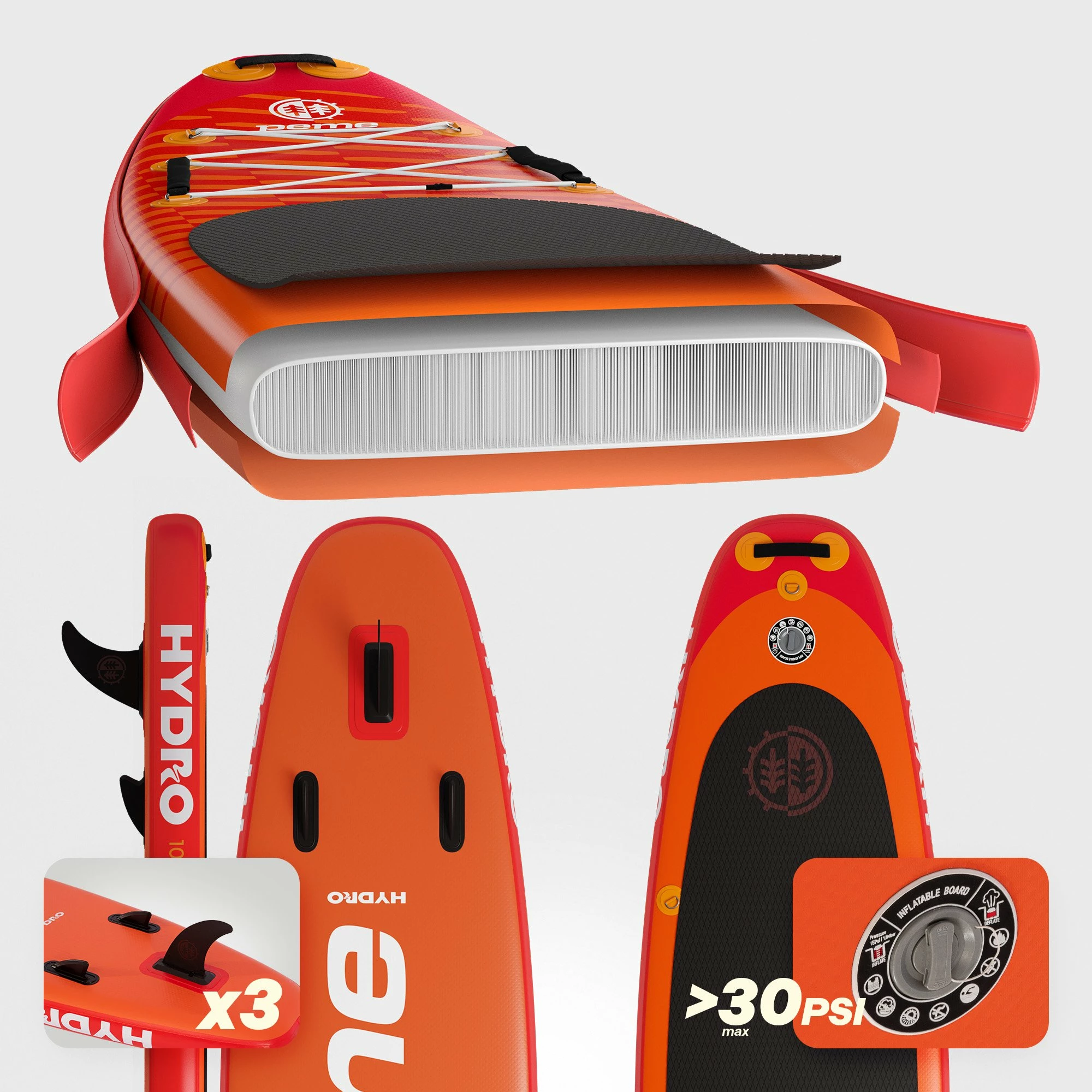 Dërrasë SUP inflatuese Peme Hydro 350 350x81x15 cm, deri 166 kg, 18 PSI, portokalli/kuqe (Sunset Orange), set me lopatë 2-në-1 + pompë + çantë shpine