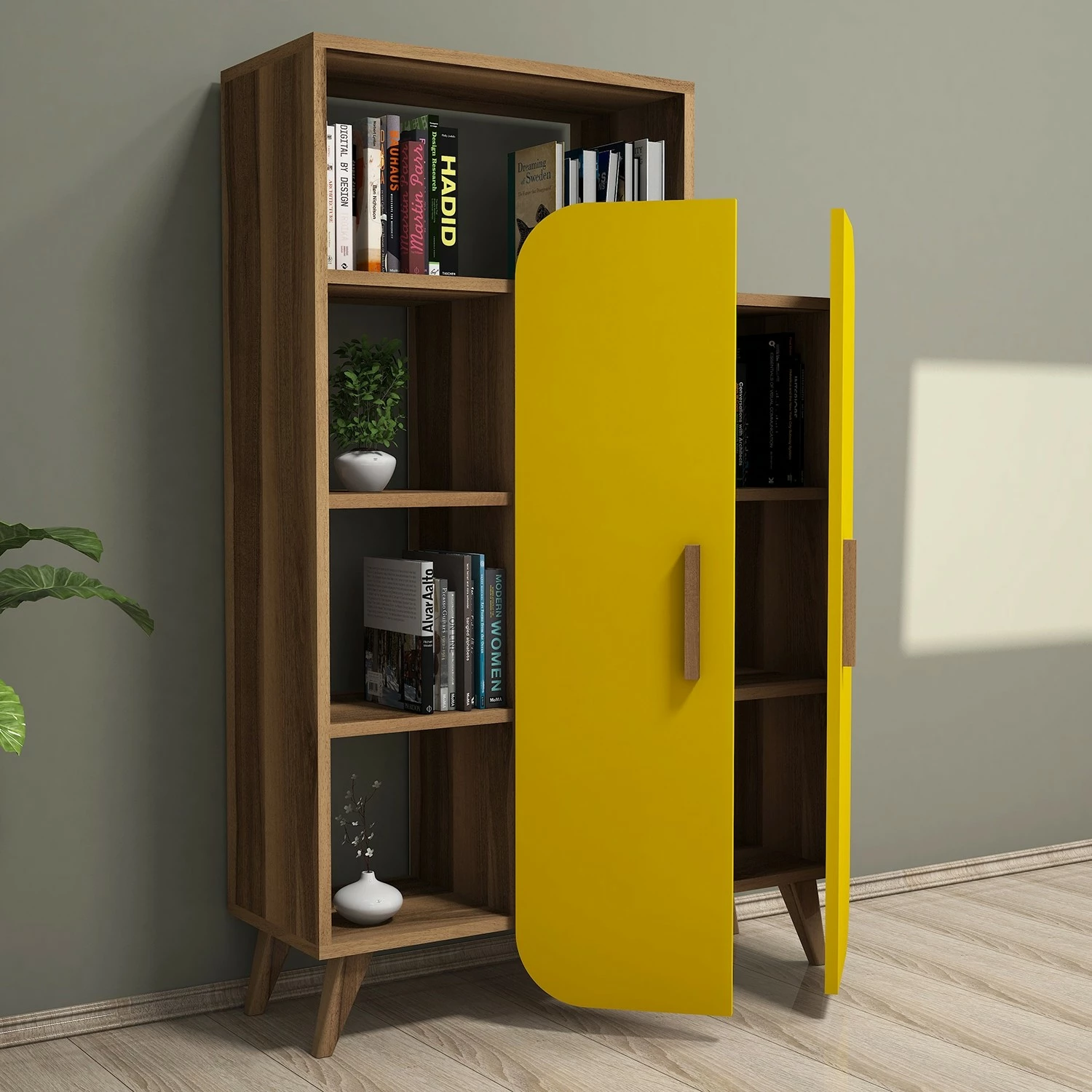 Raft librash Hanah Home, formë moderne, ngjyrë arrë dhe e verdhë