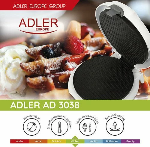 Aparat për vaflla Adler AD 3038, 1500W, 18cm, i bardhë
