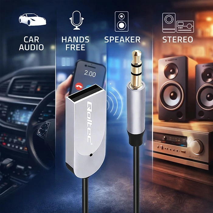 Adapter audio Bluetooth marrës, Qoltec, 56983, Bluetooth 6.0, 2x RCA, AUX 3.5 mm, USB, me mikrofon, zi/argjendtë