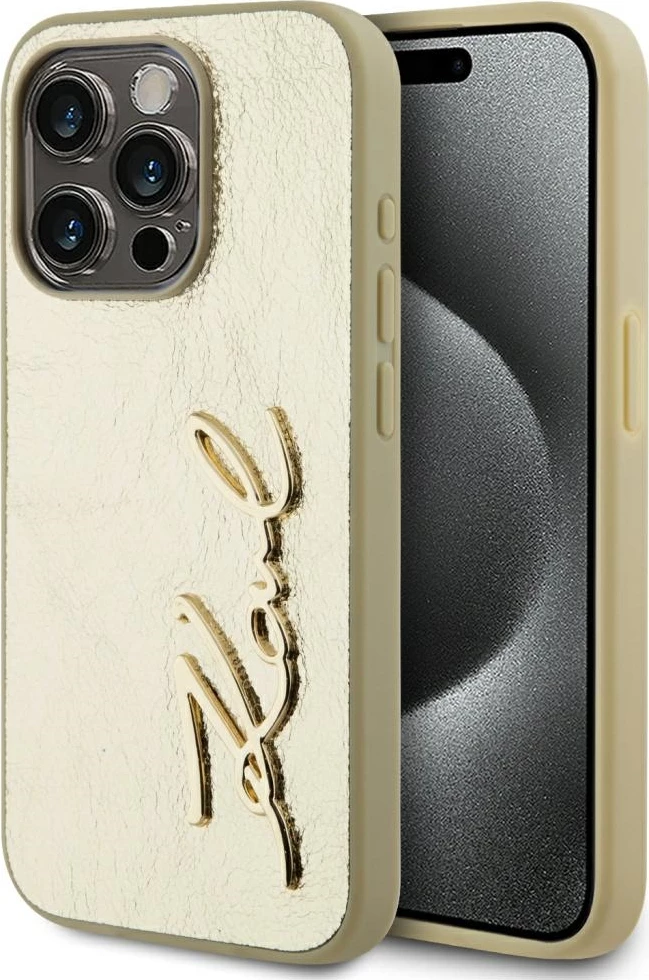 Mbështjellës Karl Lagerfeld Wrinkled Metal Signature për iPhone 15 Pro, Gold