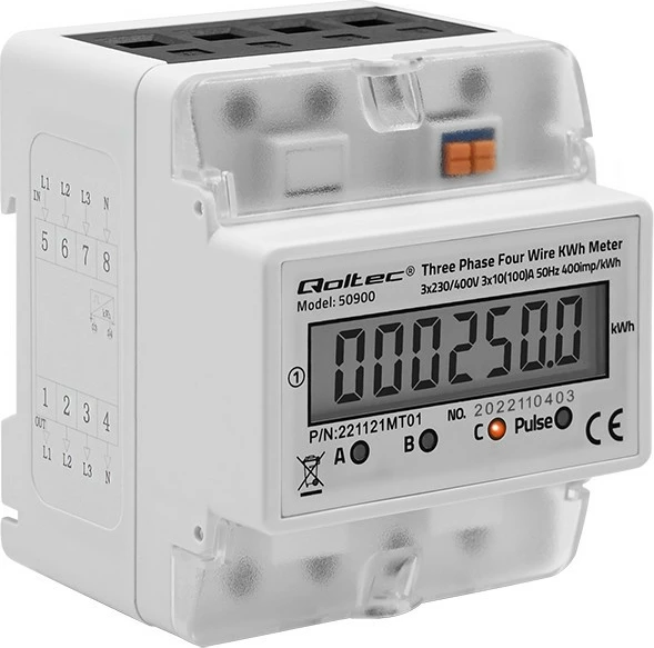 Matës trefazor i energjisë Qoltec 50900, LCD, montim në shinë DIN, Gri