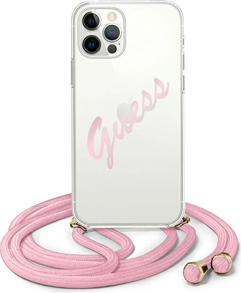 Mbështjellës Guess GUHCP12MCRTVSPI për iPhone 12/12 Pro, hardcase, Script Vintage, rozë