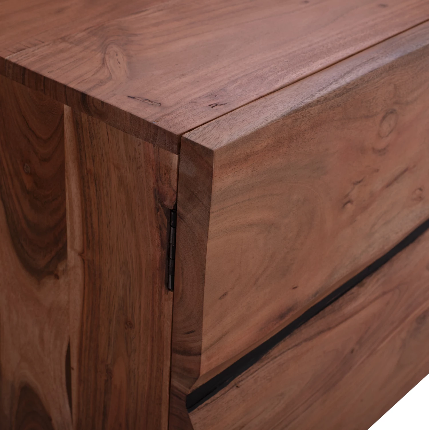 Komodë TV Alicia, dru akacie masiv, ngjyrë natyrale, këmbë metalike të zeza, 130x43x66 cm